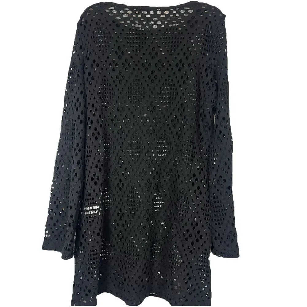 Haute Hippie Black Mesh Crochet Open Knit Long Sleeve Swim Cover Up Dress $98 XS